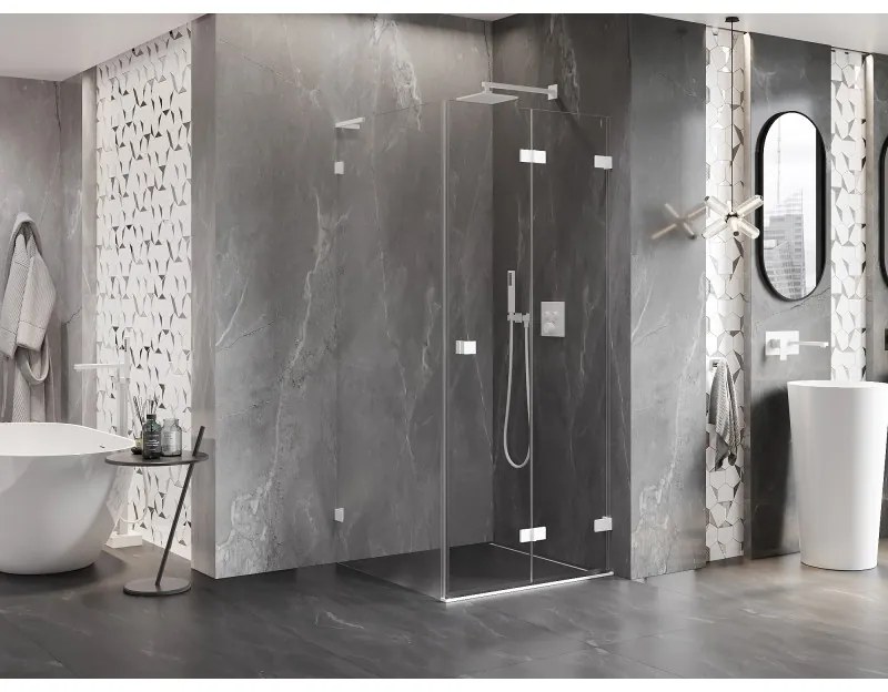 Mexen Lunar-F L, sklápací sprchový kút pravý 80 x 80 cm, 8mm číre sklo, biely profil, 836L-080-080-20-00-P