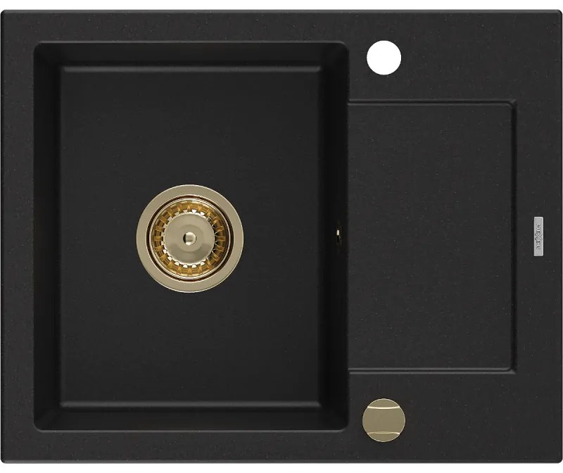 Mexen Enzo, granitový drez 576x465x174 mm, 1-komorový, čierna so zlatým sifónom, 6506571005-77-G