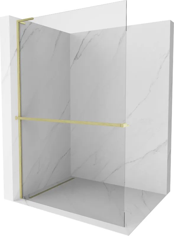 Mexen Kioto+ L, sprchová zástena Walk-In s poličkou a vešiakom 100 x 200 cm, 8mm číre sklo, zlatý matný profil, 800-100-123-55-00