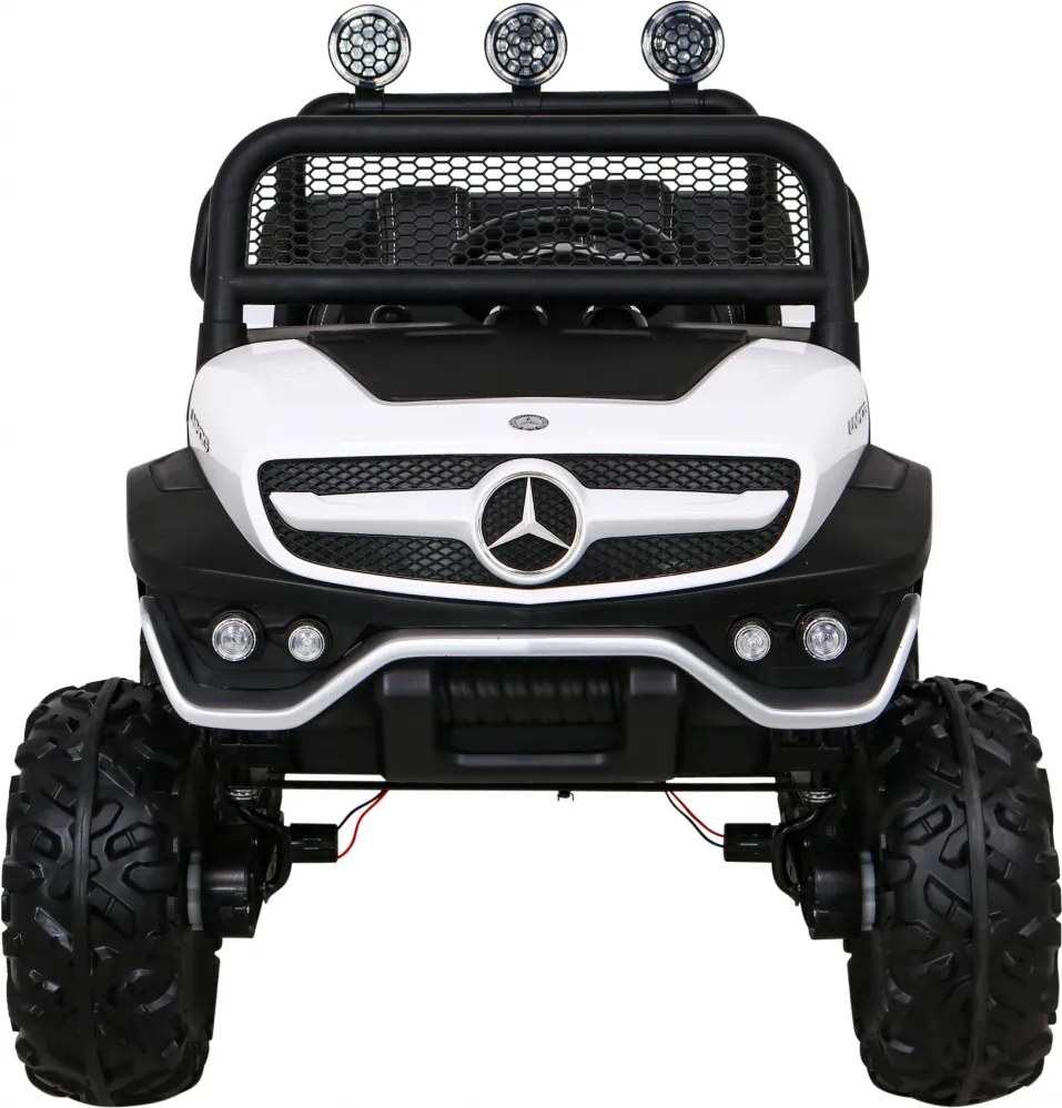 Ramiz Mercedes Benz Unimog elektrické autíčko pre deti biele + pohon 4x4 + diaľkové ovládanie + nosič batožiny + pomalý štart + MP3 + LED