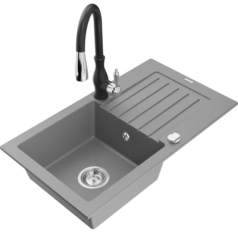 Mexen Pablo, granitový drez 752x436x161 mm, 1-komorový a drezová batéria Savita, šedá, 6510-71-672601-70