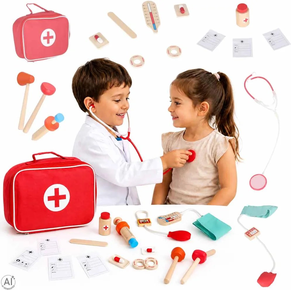 Drevená lekárska sada KIK Malý doktor s taškou a 16 doplnkami