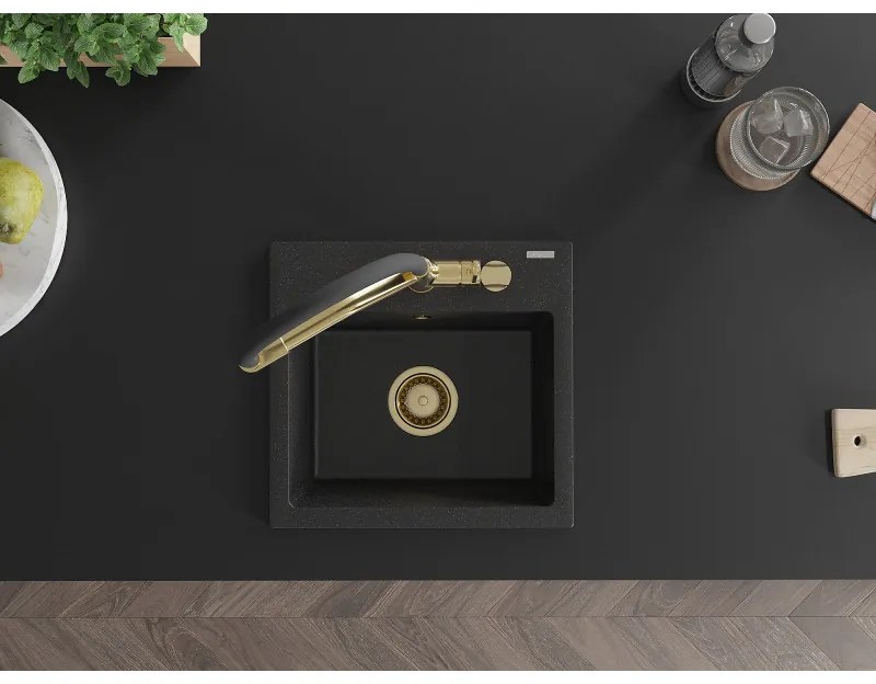 Mexen Milo, granitový drez 435x410x171 mm, 1-komorový a drezová batéria Duo, čierna-strieborná metalíza, 6505-73-671701-57-G