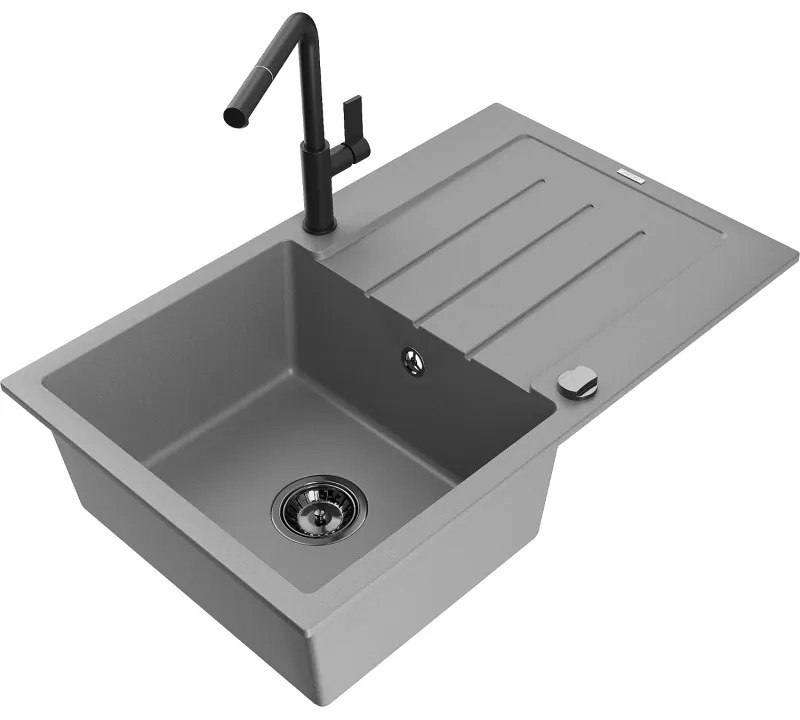Mexen Bruno, 1-komorový granitový drez 795x495x200 mm a drezová batéria Flora, šedá, 6513-71-670401-70-B