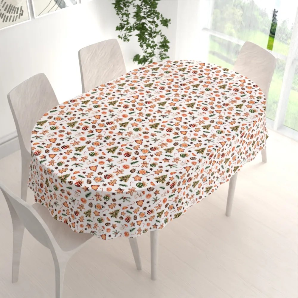 Biante Vianočný bavlnený oválny obrus Sandra SA-516 Vianočné perníčky a ozdoby na bielom 120x200 cm