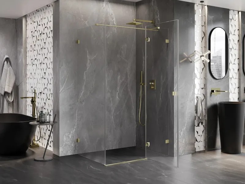 Mexen Lunar T, pravý výklopný sprchový kút 140 x 110 cm, 8mm číre sklo, zlatý matný profil, 834T-140-110-55-00-P