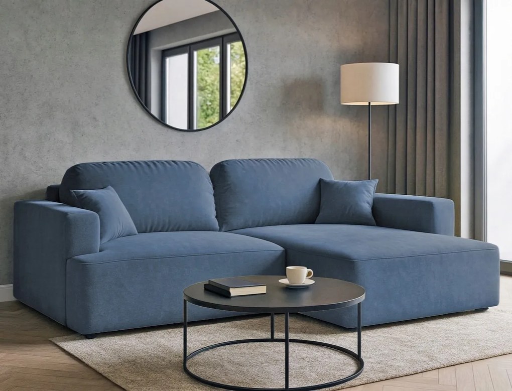 Rohová sedačka s funkciou spania Sunny pravá s úložným priestorom na posteľnú bielizeň, modrá
