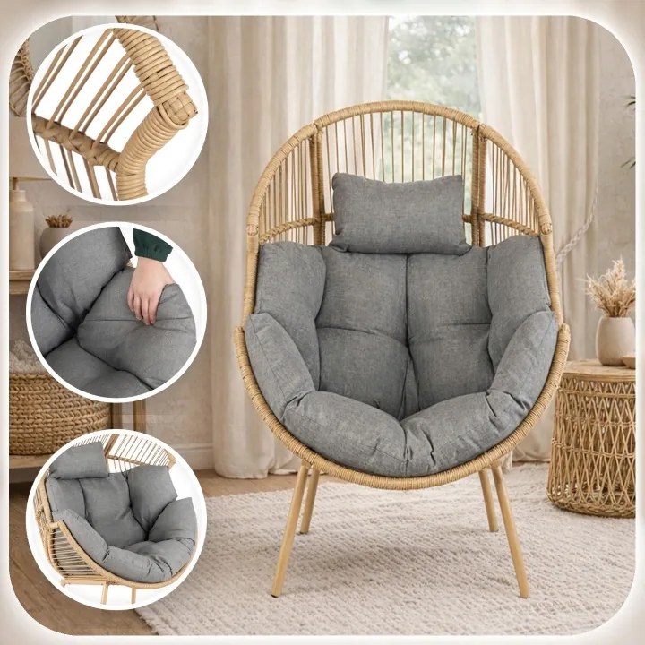 Kreslo CEZARE Boho Cocoon do obývačky, ratan, sivé