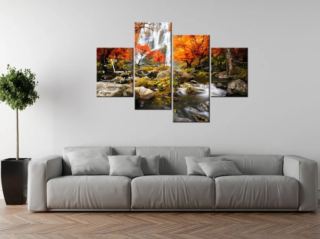 Gario Obraz s hodinami Jesenný vodopád - 4 dielny Rozmery: 120 x 70 cm