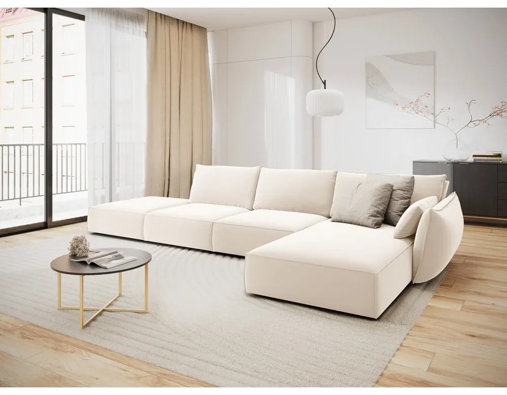 Béžová zamatová rohová pohovka (pravý roh/s leňoškou) Vanda – Mazzini Sofas