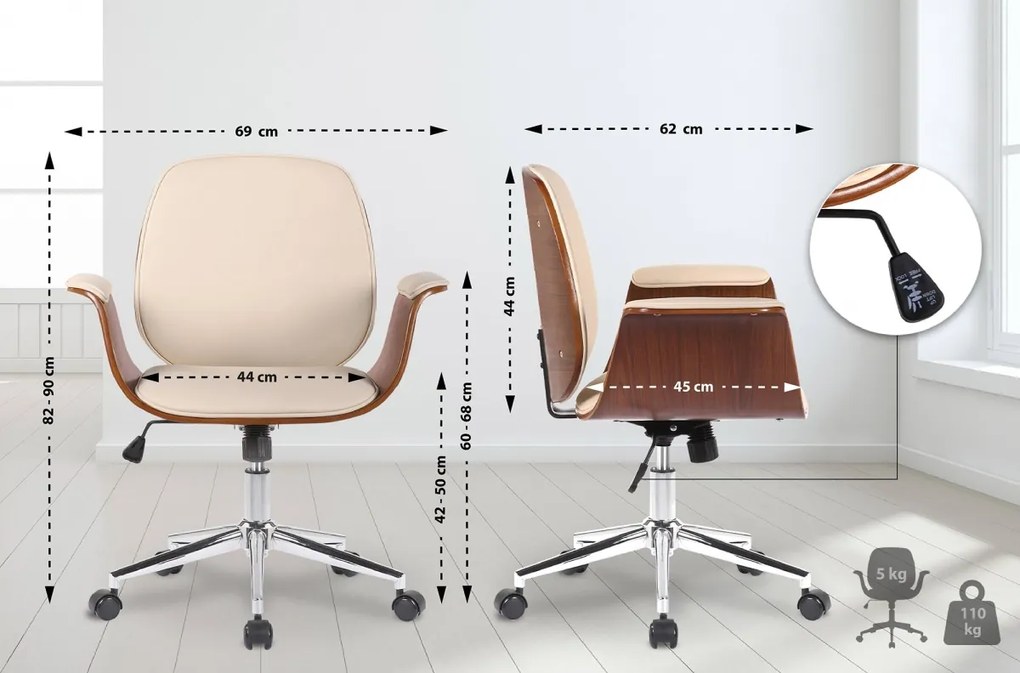 Kancelárska stolička Kemberg - koženka, drevo orech - Krémová