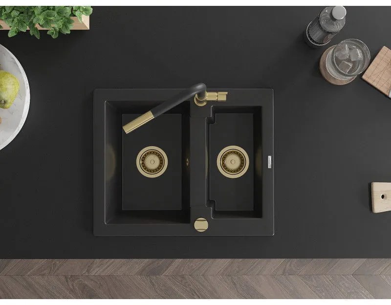 Mexen Carlos, 1,5-komorový granitový drez 582x475x177 mm a drezová batéria Flora, čierna, 6518-77-670401-57-G