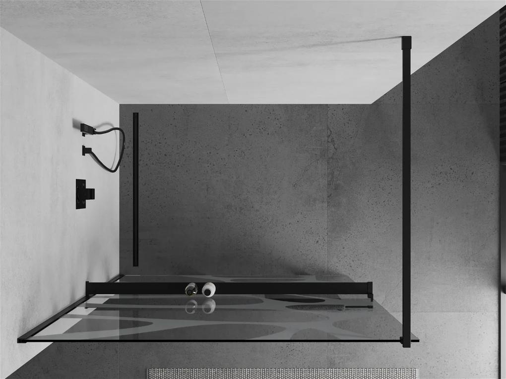 Mexen Kioto+, sprchová zástena s poličkou a držiakom na uteráky 110 x 200 cm, 8mm sklo číre sklo vzor biely, čierny profil, 800-100-121-70-97