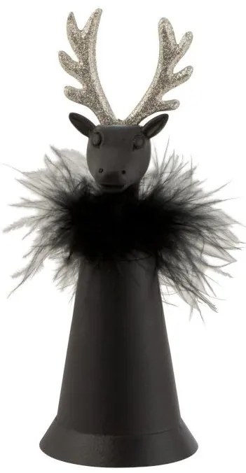 Čierny plechový zvonček s pierkami a hlavou jeleňa - Ø 7 * 18 cm