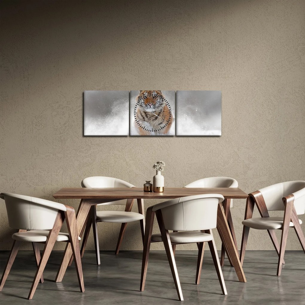 Obraz bežiaceho tigra v snehu (s hodinami) (90x30 cm)