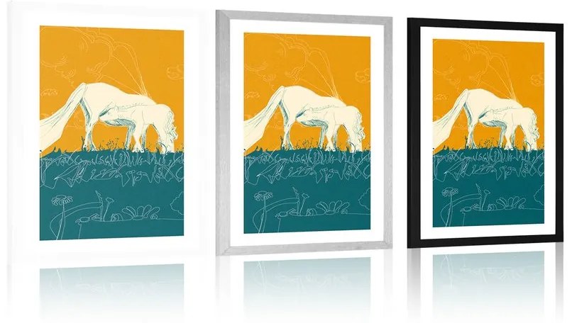 Plagát s paspartou kôň na lúke - 40x60 silver