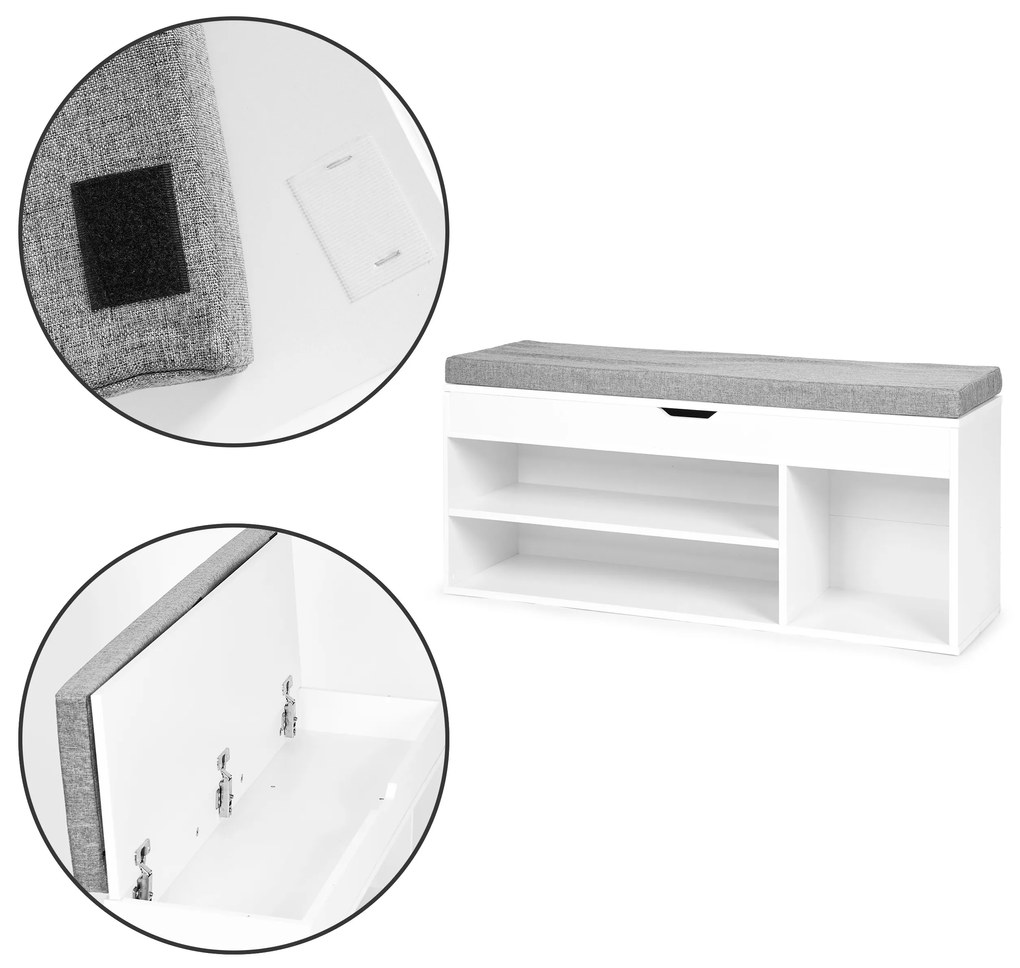 ModernHome Skrinka na topánky so sivým vankúšom - 3 biele police