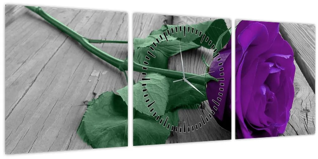 Obraz - Fialová ruža so zelenou stonkou (s hodinami) (90x30 cm)