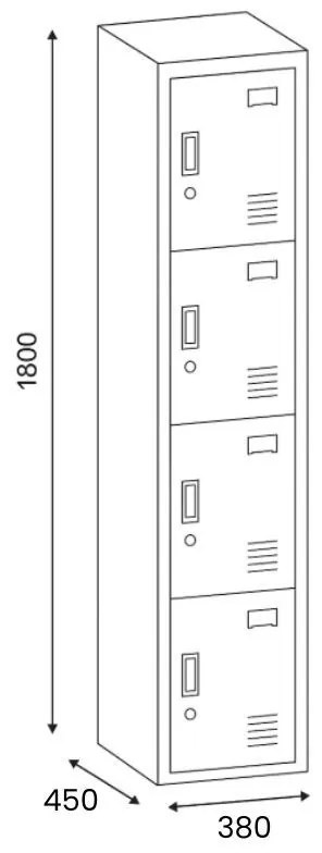 Šatníková skrinka S3 s úložnými boxami, 4 boxy, 1800 x 380 x 450 mm, demont, cylindrický zámok, sivá/sivá
