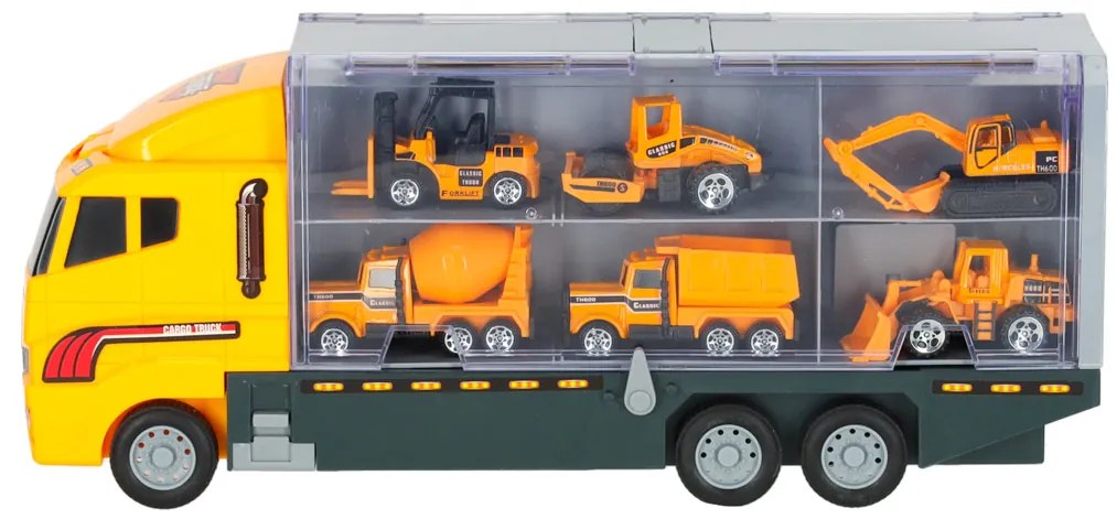 KIK Nákladné auto transportér so 6 kovovými stavebnými strojmi
