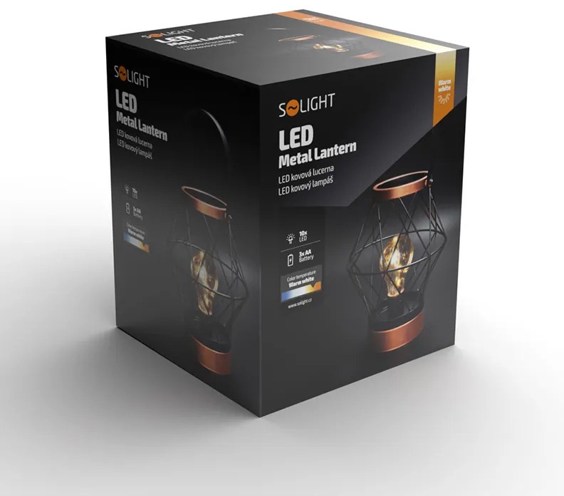 SOLIGHT Kovový lampáš so žiarovkou micro LED, teplá biela, 3xAA, 20cm
