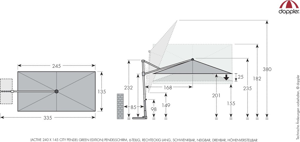 Doppler ACTIVE 240 x 135 cm - moderný slnečník s bočnou nohou - 2. akosť (S303)