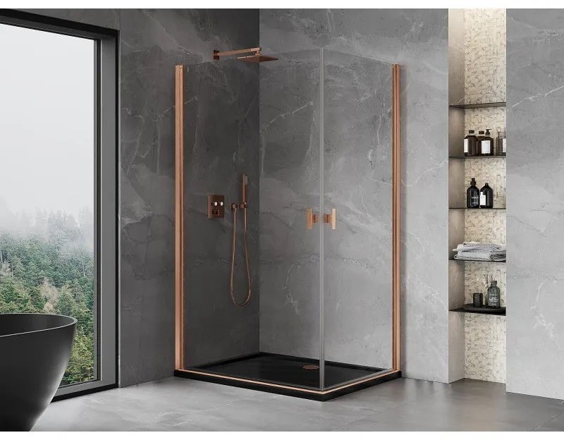 Mexen Mist-B Duo, 2-krídlový výklopný sprchový kút 100 x 70 cm, číre sklo, medený matný profil, 8A2-100-070-65-00