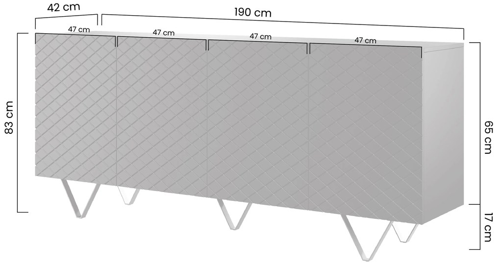 Komoda Scalia 4D 190 cm - biely mat / zlaté nožičky