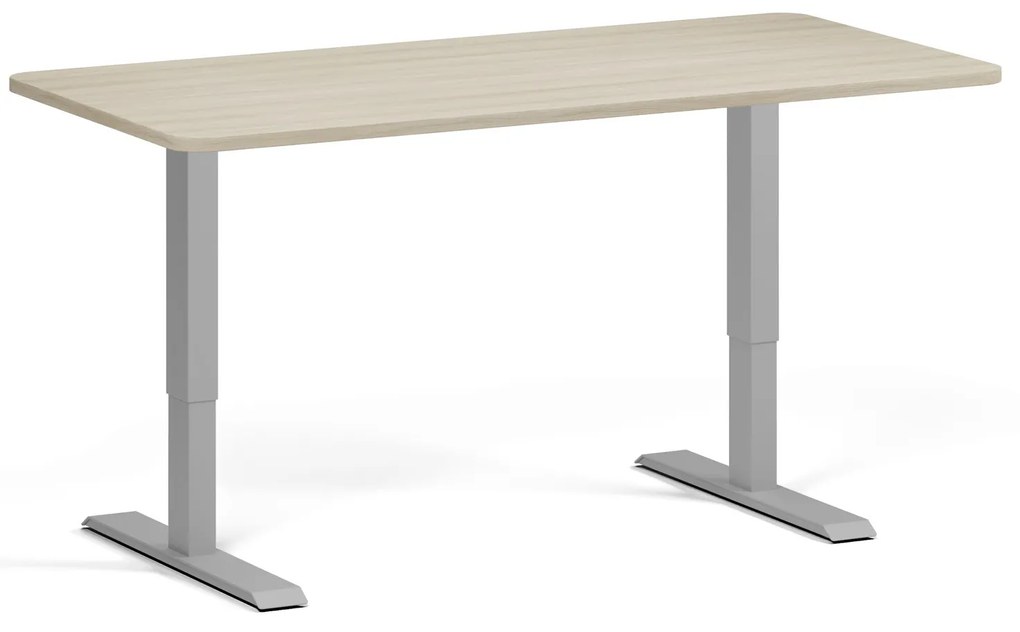Výškovo nastaviteľný stôl, 160x80 cm, 2 motory, zaoblené rohy, sivá podnož, dub prírodný