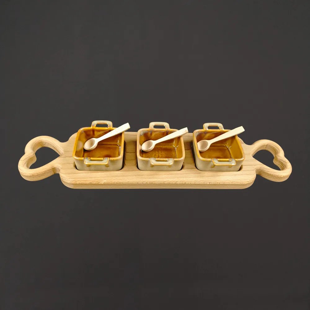 AMADEA 46240 Podnos 3 keramické misky a drev. lyžičky 43cm drev. dekorácie