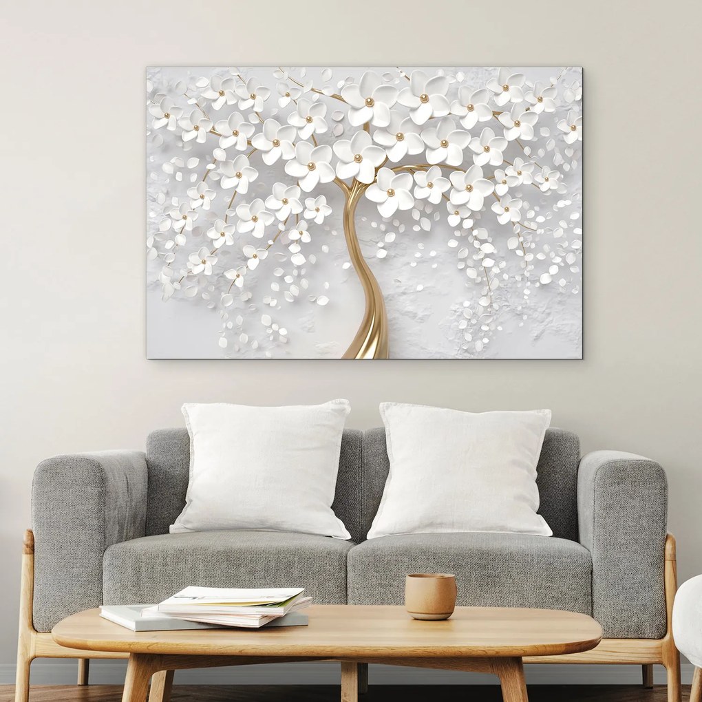 DUBLEZ | Drevený obraz - Zlatý strom s bielymi kvetmi