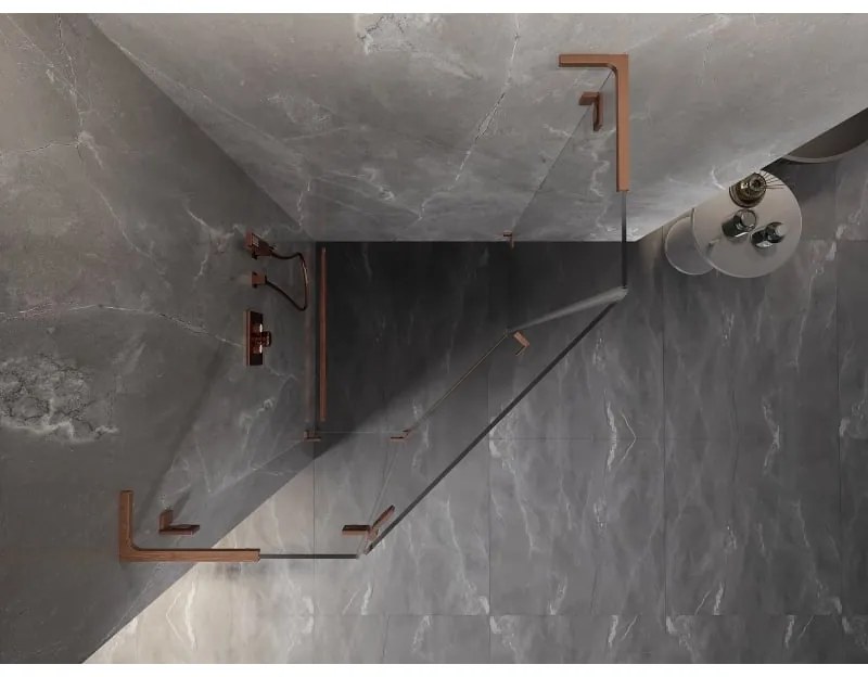 Mexen Lunar, L päťuholníkový sprchový kút naklápací doľava 80 x 80 cm, 8mm číre sklo, profil medená matná, 831L-080L-080P-65-00-L