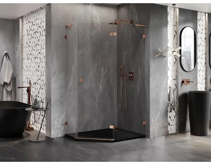 Mexen Lunar, L pravý výklopný päťuholníkový sprchový kút 100 x 80 cm, 8mm číre sklo, profil ružové zlato, 831L-100P-080L-60-00-P