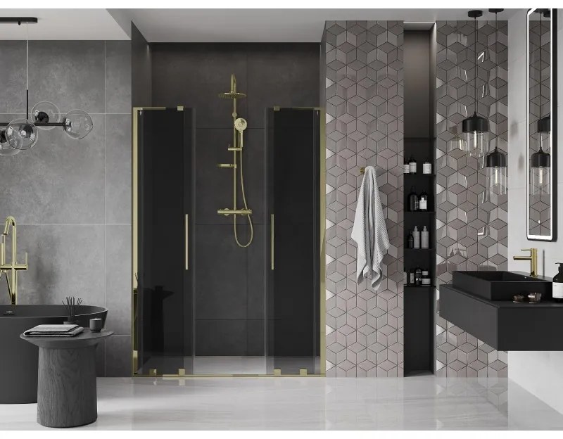 Mexen Velar L Duo, posuvné sprchové dvere do otvoru 140 cm, 8mm šedé sklo, zlatá lesklá, 871-140-003-42-50