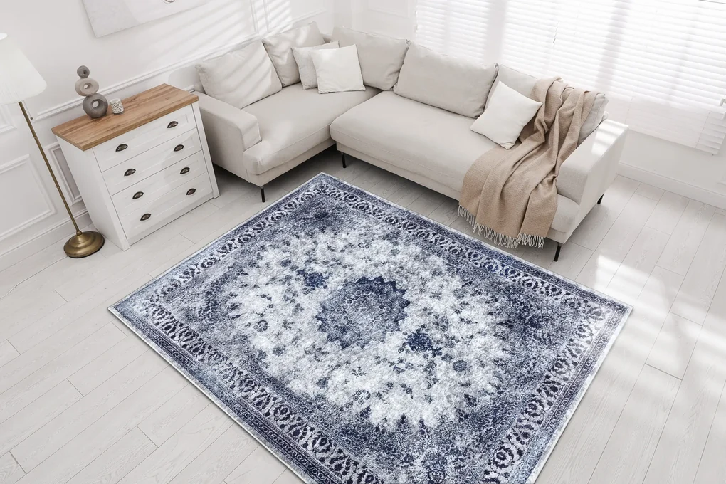 Koberec MIRO 51822.812 Rozeta s rámom, protišmykový, prateľný, modro-biely