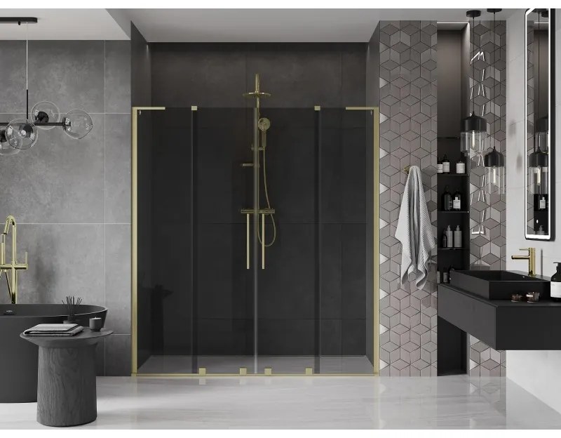 Mexen Velar L Duo, posuvné sprchové dvere do otvoru 200 cm, 8mm šedé sklo, zlatá matná, 871-200-003-42-55