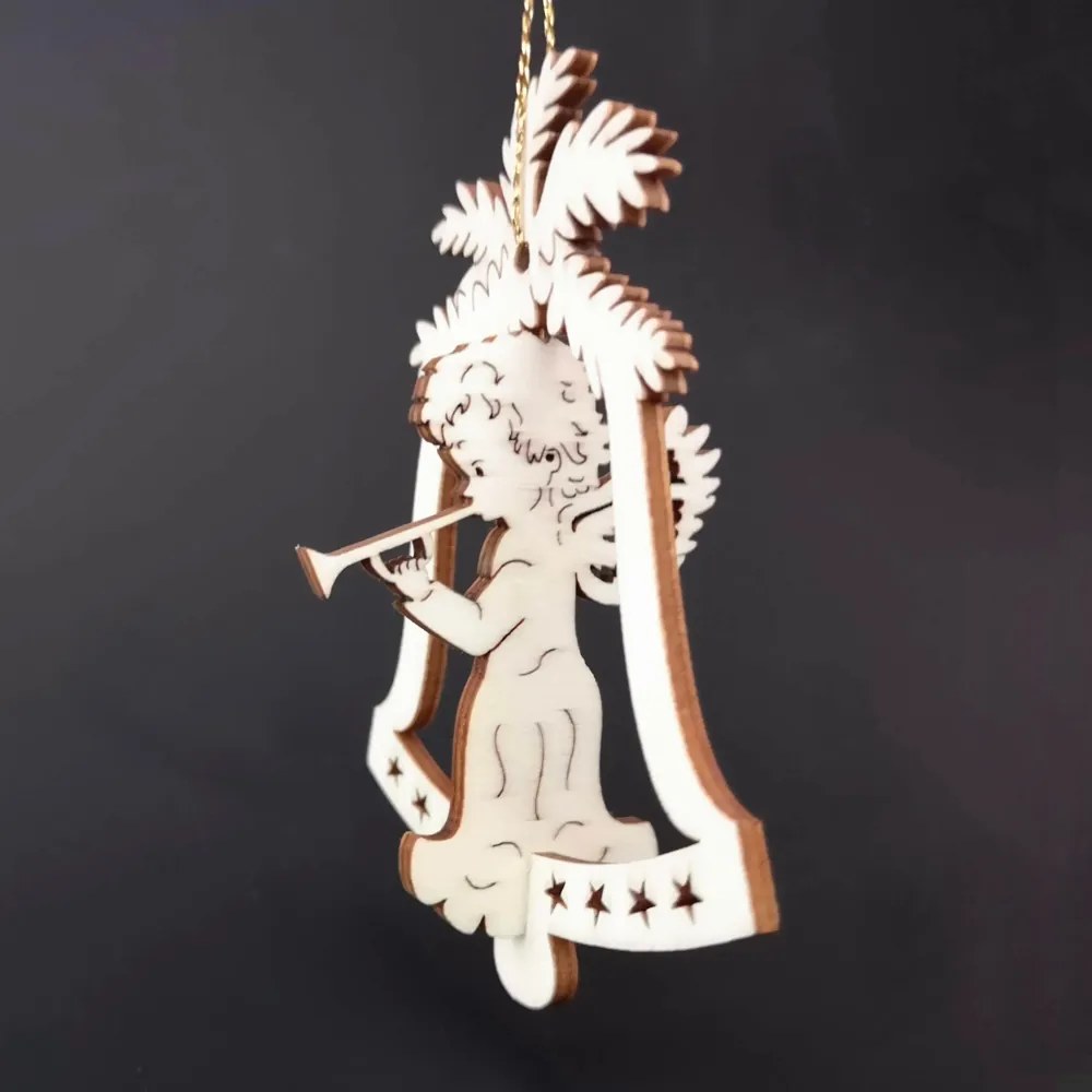 AMADEA Drevená ozdoba 3D zvonček - anjel s píšťalou 9 cm