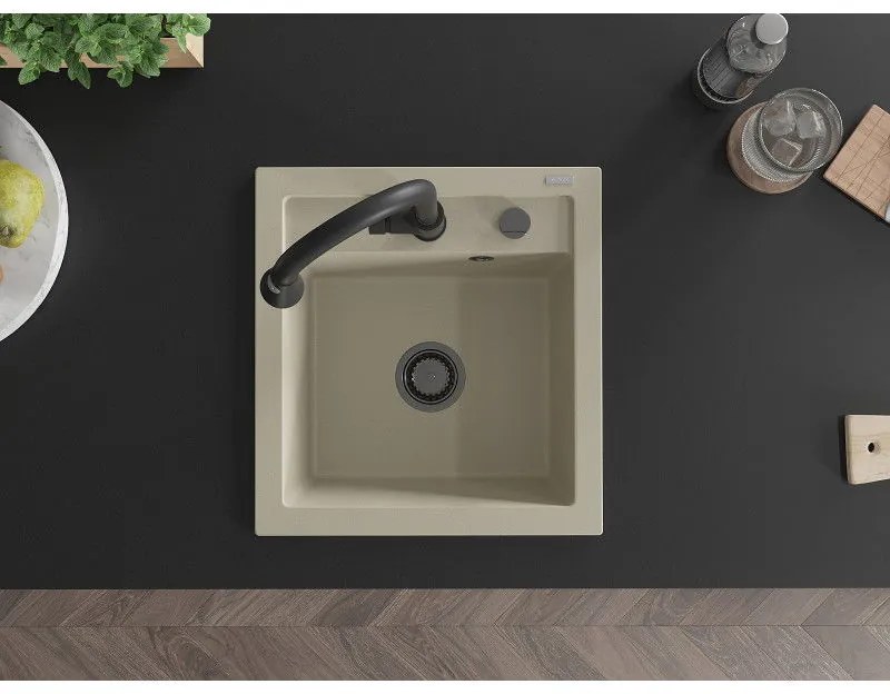 Mexen Vito, 1-komorový granitový drez 490x520x210 mm a drezová batéria Elia, béžová, 6503-69-670101-70