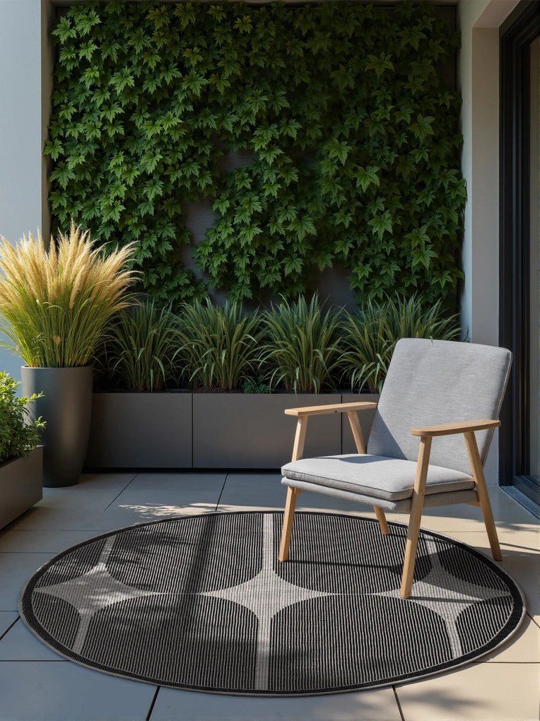 NORTHRUGS, Kusový koberec Duet Bowen 106244 Black/White kruh - na von aj na doma, 160x160 (priemer) kruh, čiernobiela, chodba / predsieň