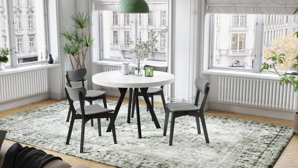 EXPANSO Biely mat / čierne nohy - VEĽKÝ OKRÚHLY STÔL Ø110 ROZKLADACÍ AŽ DO 310 cm S NOHAMI Y LOFTOVÝ / INDUSTRIÁLNY