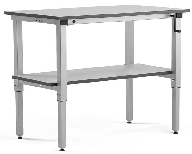 Manuálne nastaviteľný dielenský stôl MOTION, s policou, 150kg, 1200x600 mm