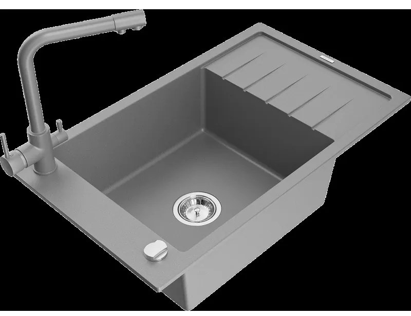Mexen Elias granitový jednokomorový drez s odkvapkávačom a kuchynskou batériou Duero, Šedá - 6511-71-671600-71