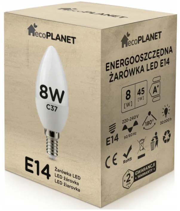 ecoPLANET LED žiarovka E14 sviečka 8W 700lm - teplá biela