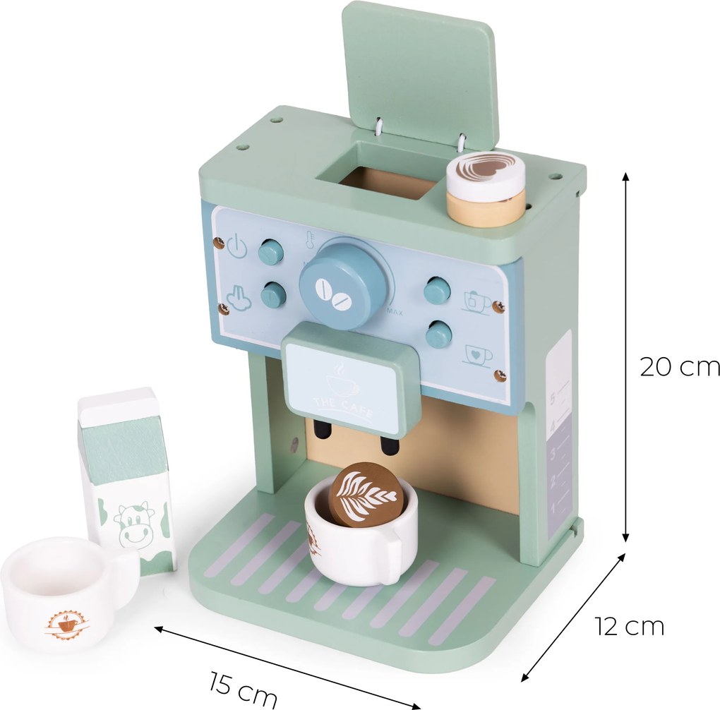 Detský drevený kávovar ECOTOYS – barista set 8 dielov, hra pre deti 3+