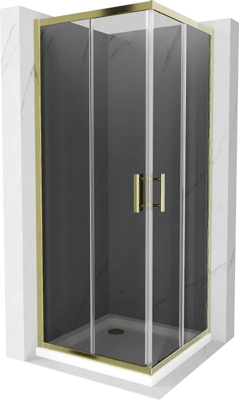Mexen Rio, štvorcový sprchovací kút s posuvnými dverami 70(dvere) x 70(dvere) x 190 cm, 6mm šedé sklo, zlatý profil + biela sprchová vanička SLIM, 860-070-070-50-40-4010G