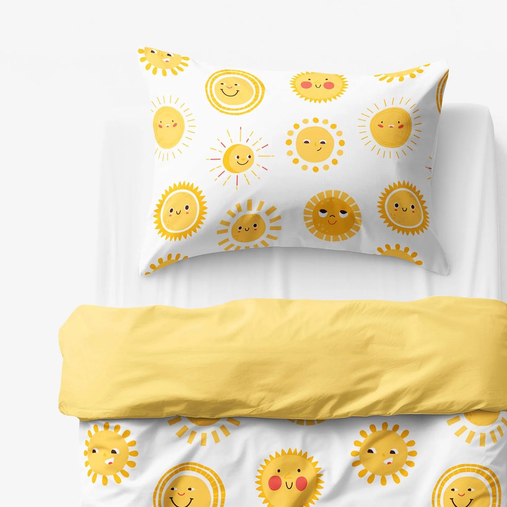 Goldea detské bavlnené obliečky duo - usmievavé slniečka so žltou 150 x 200 a 50 x 60 cm