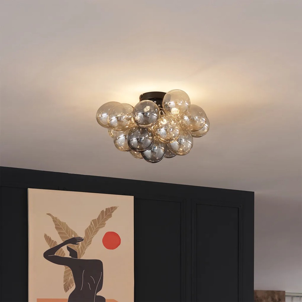 Dizajnové stropné svietidlo čierne s jantárovým a dymovým sklom 4 svetlá - Uvas