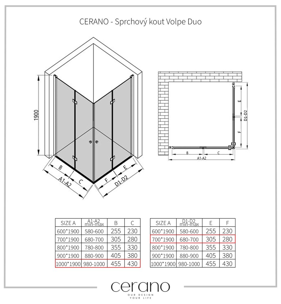 Cerano Volpe Duo, sprchovací kút so skladacími dverami 100(dvere) x 70(dvere), 6mm číre sklo, chrómový profil, CER-CER-480193