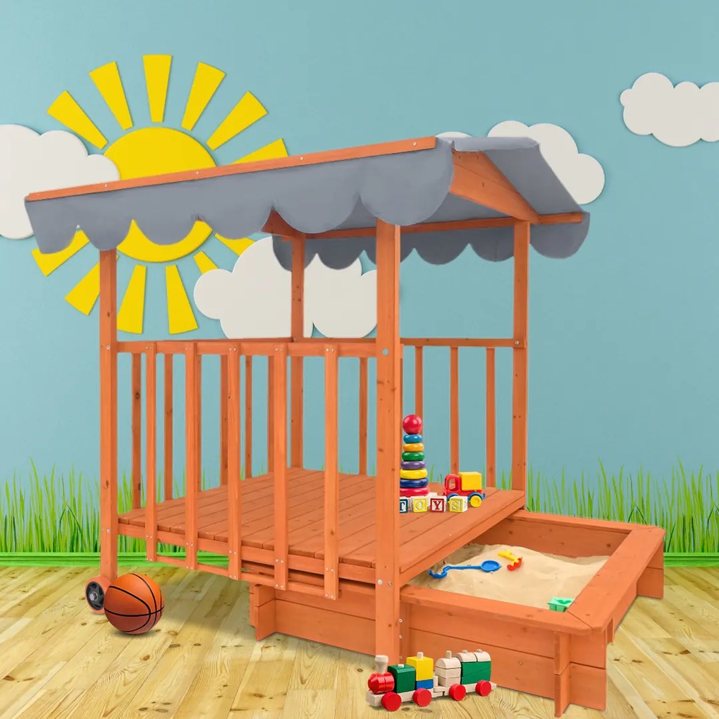 Pieskovisko s verandou HAPPY, 130x130x143 cm, hnedá/šedá Jurhan