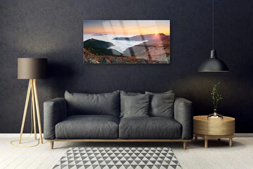 Skleneny obraz Hory mraky slnko krajina 120x60 cm